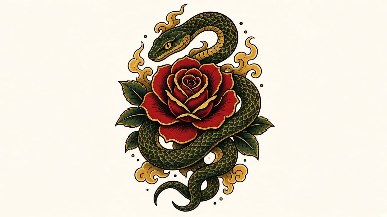 Neo Traditional Snake and Rose Tattoo