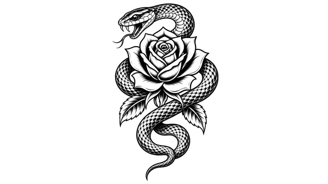 Snake and Rose Tattoo Stencil